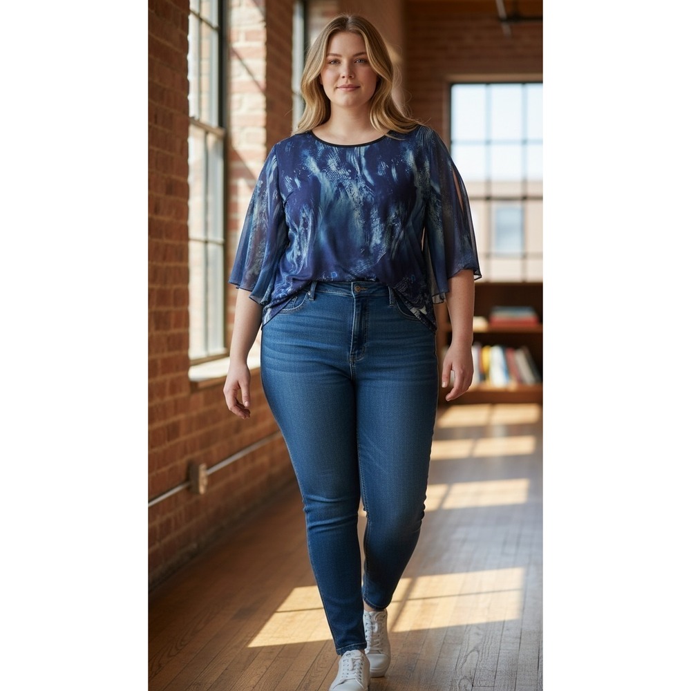 Ninedaily Women's Abstract Print Blue/Black Pullover Round Neck Blouse 2XL  028